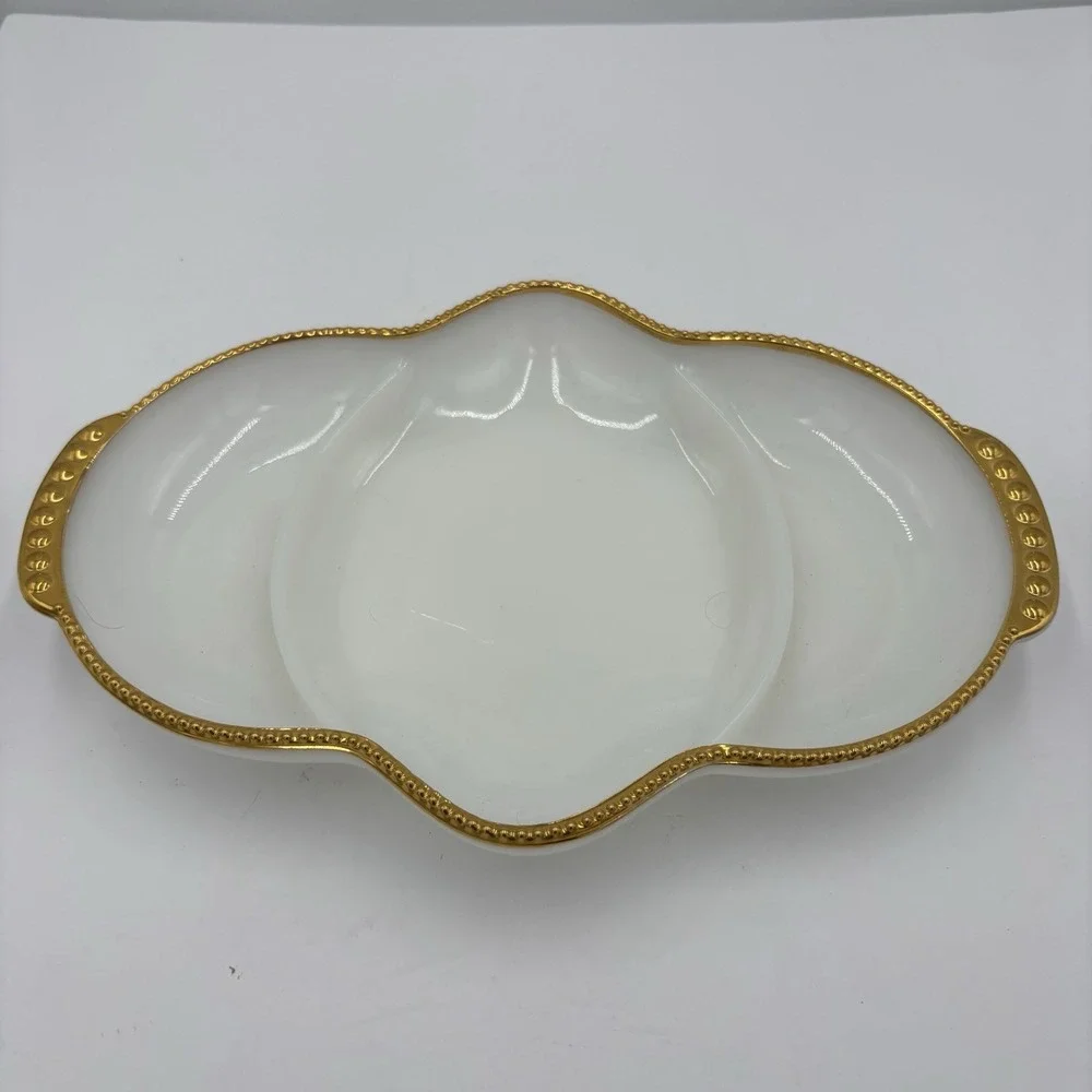 Vintage Fire King Milk Glass Divided Relish Candy Dish Gold Trim Oven Ware Serve